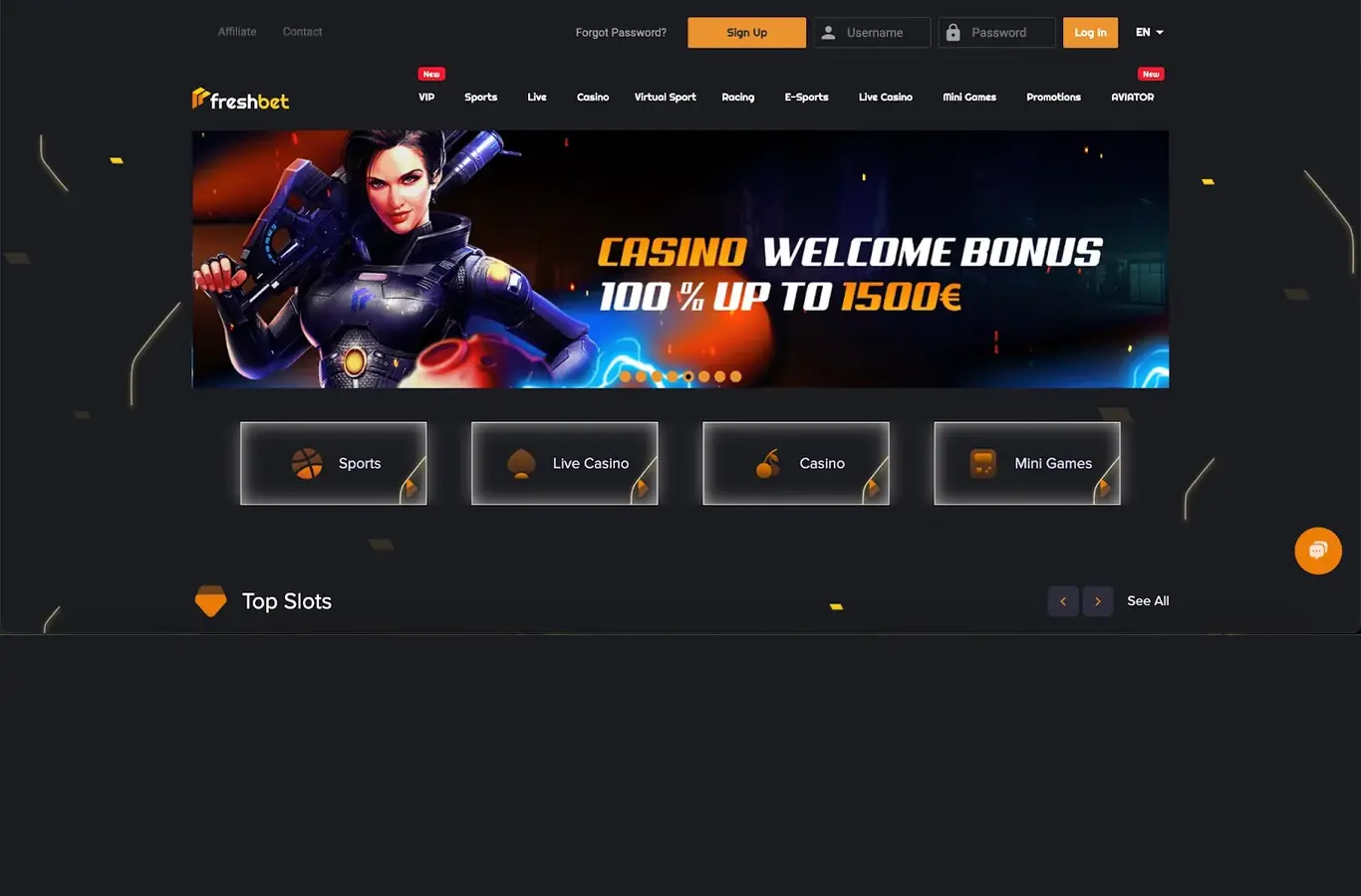 Freshbet - Casino lobby and welcome offer