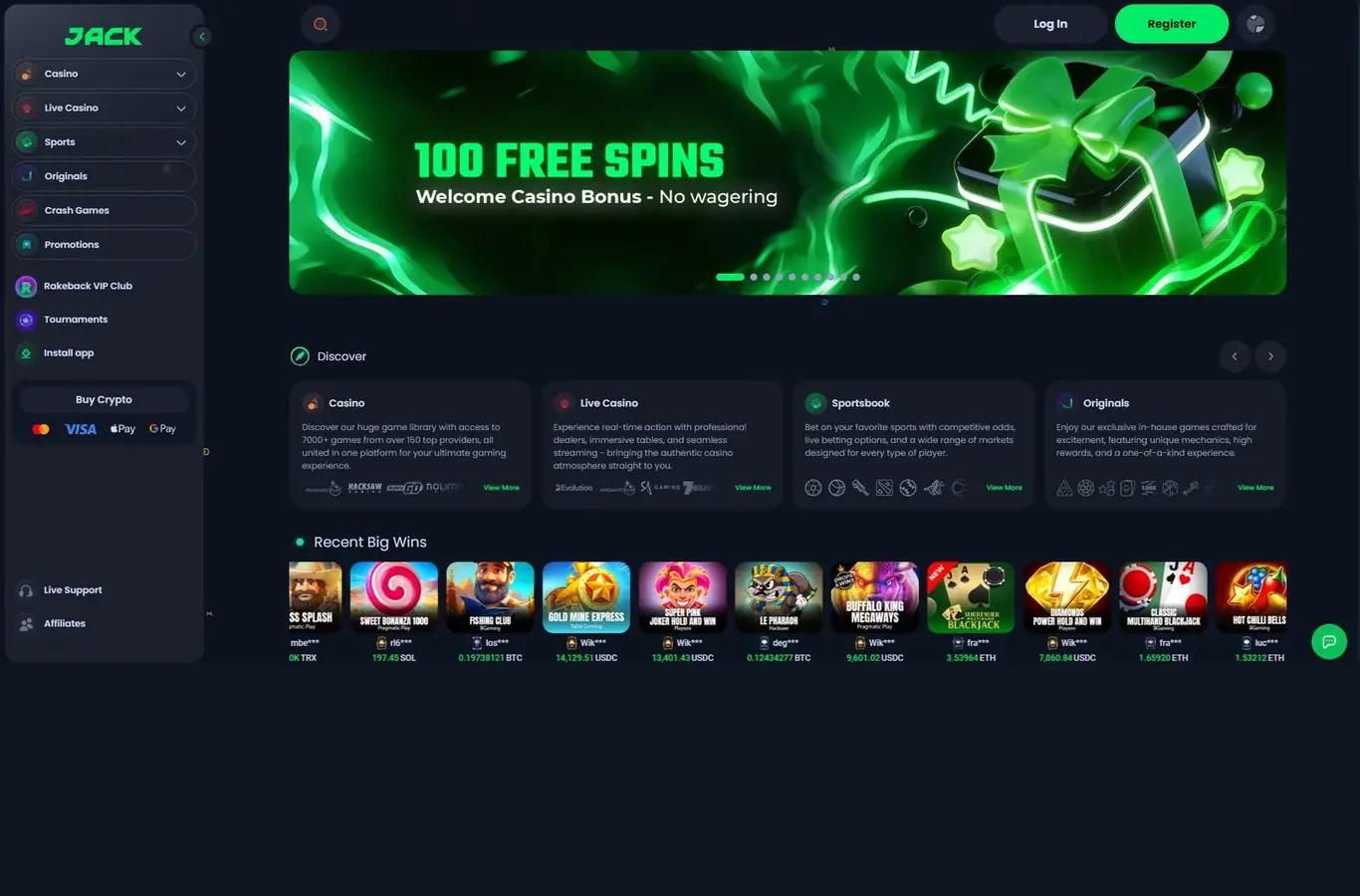 Jack Casino - Casino lobby and welcome offer