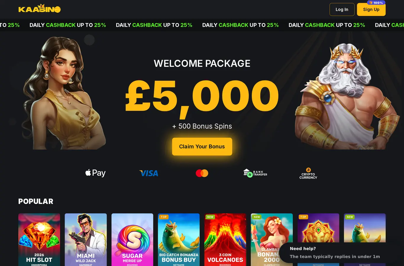 Kaasino - Casino lobby and welcome package
