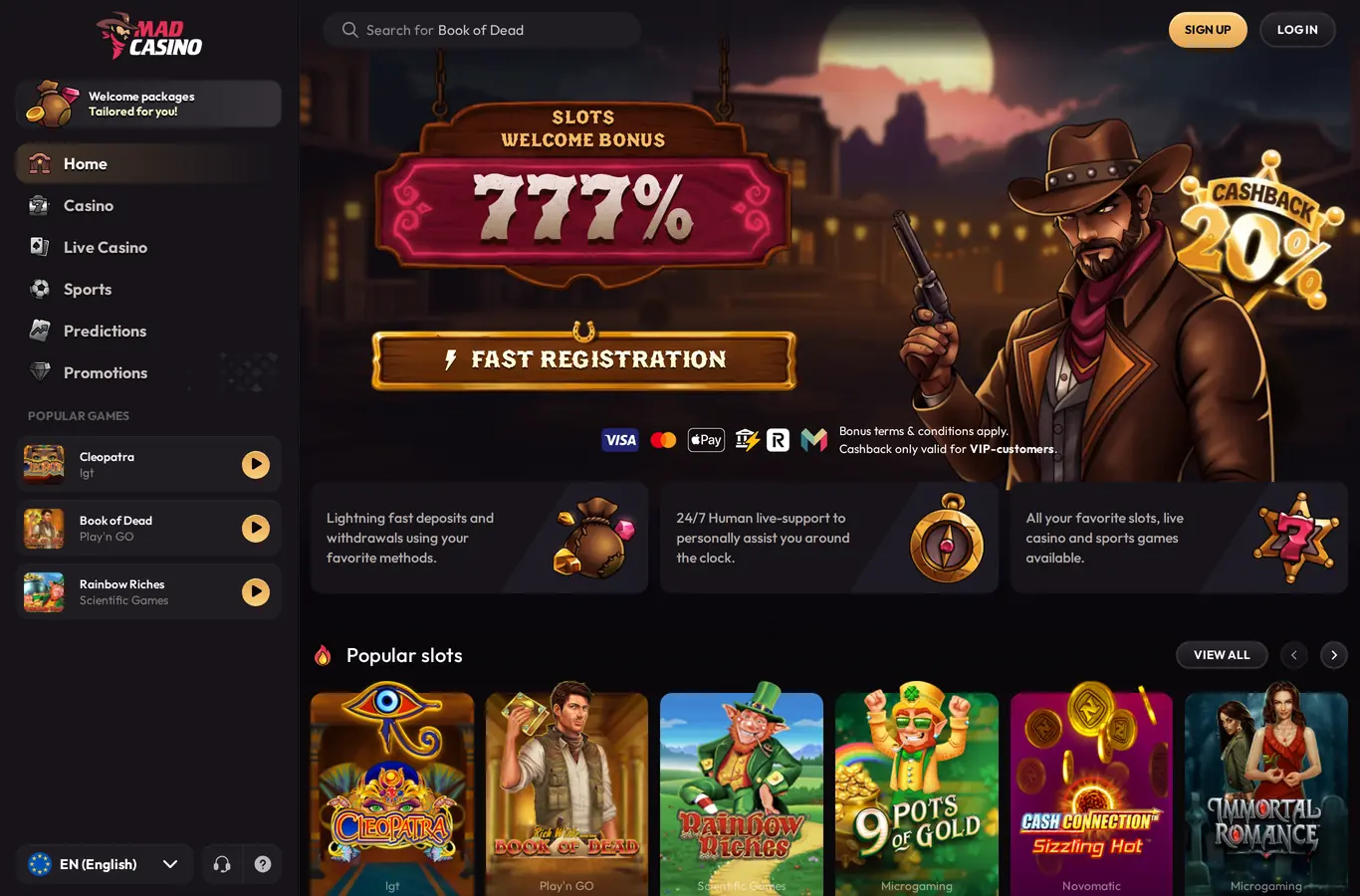 MadCasino - Casino lobby and welcome offer