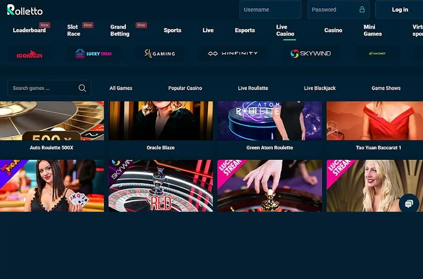 Rolletto - Live casino lobby